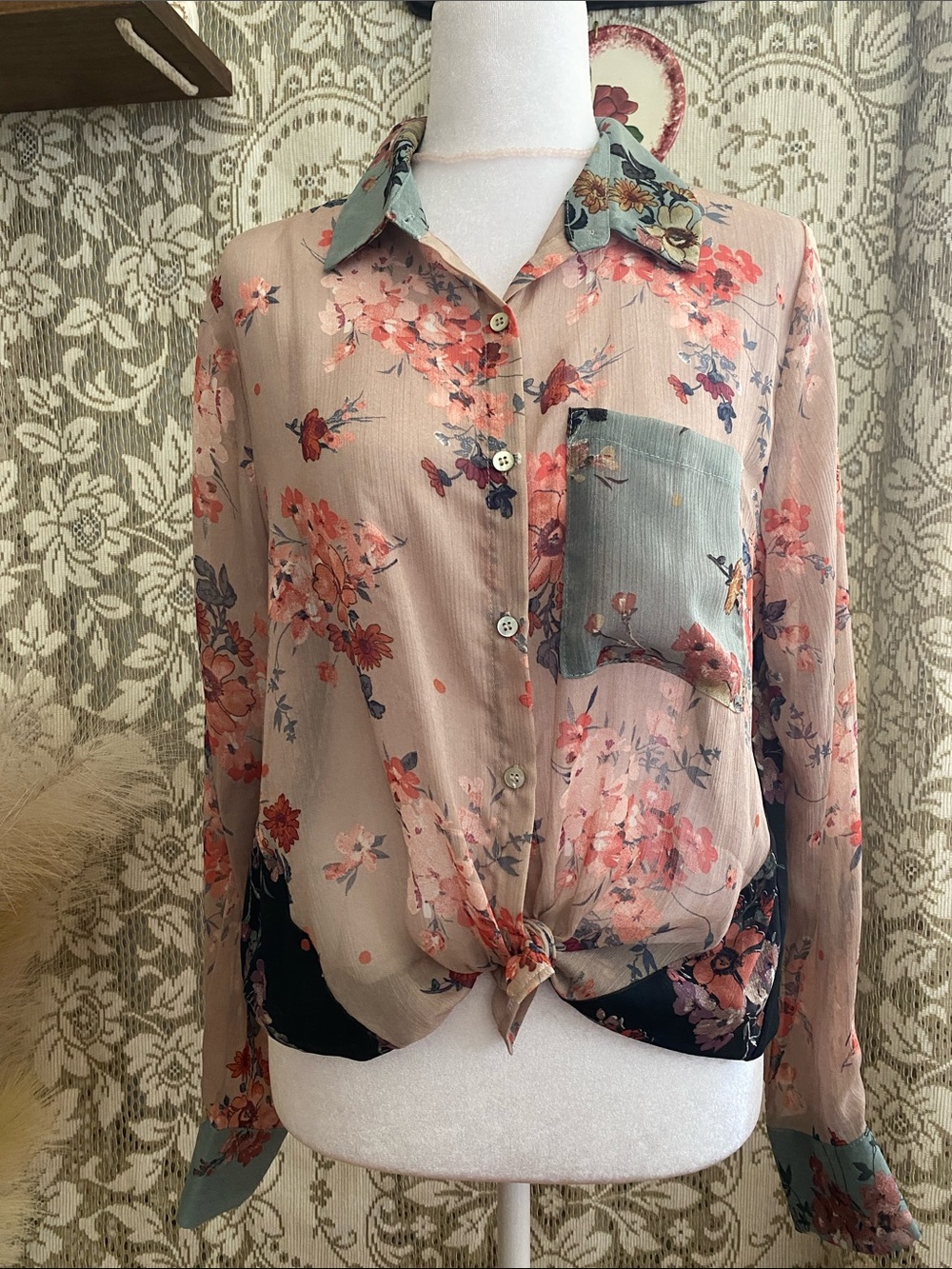 Floral/Feminine Button-Down Blouse - Dusty Pink & Teal
